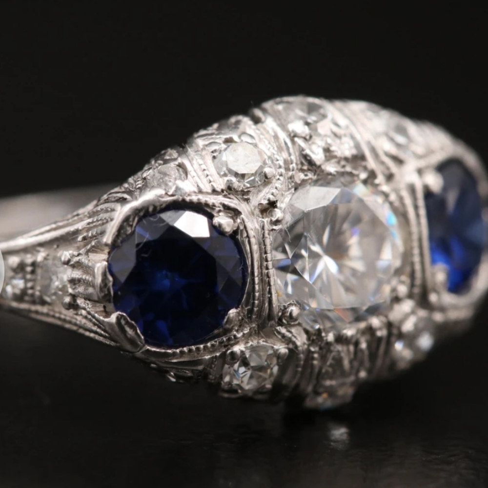 Platinum Art Deco Sapphire Diamond Cubic Zirconia - Picture 4 of 12